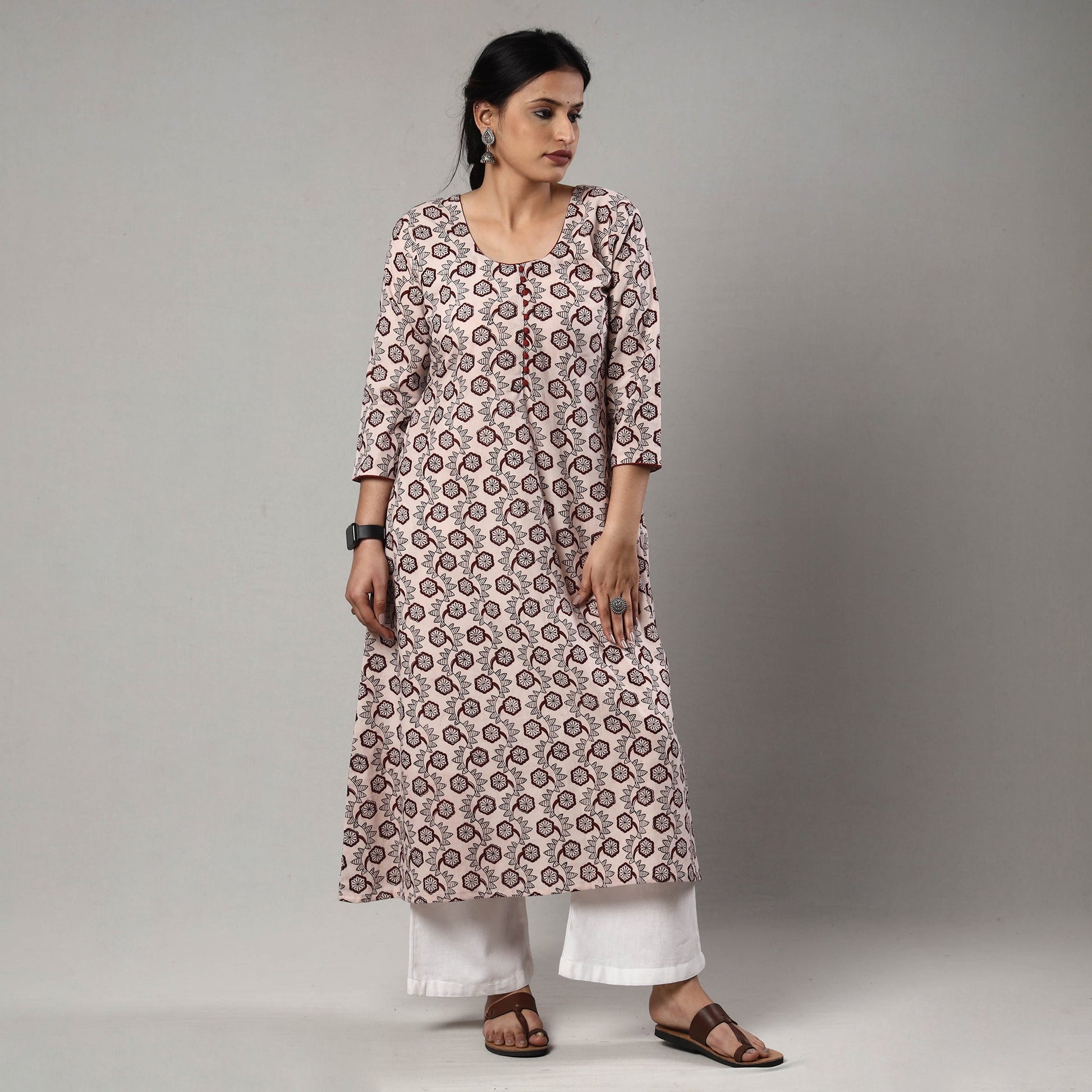 Beige - White & Maroon Block Print Cotton A-Line Bagh Kurta