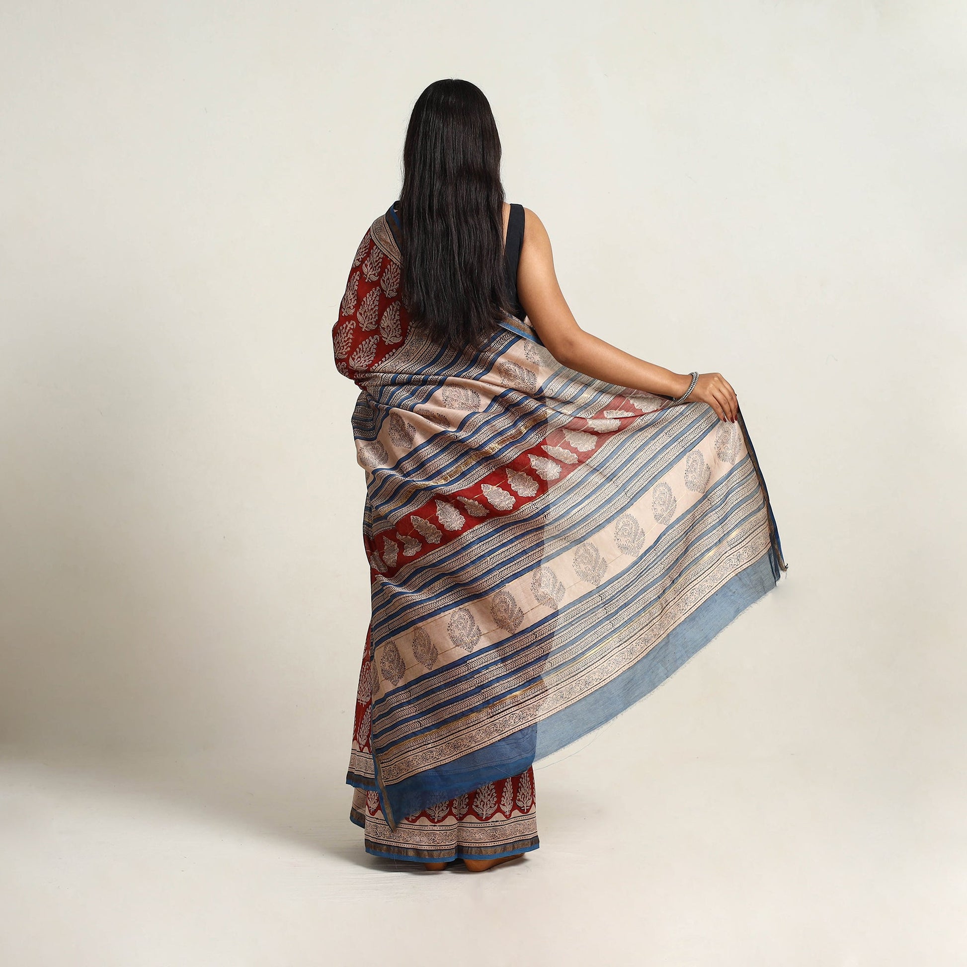 Red - Bagru Print Chanderi Silk-Cotton Saree with Zari Border 02