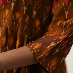 Brown - Mercerized Cotton Flared Pochampally Ikat Dress 04