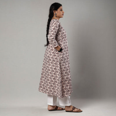 Beige - White & Maroon Block Print Cotton A-Line Bagh Kurta