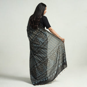 Brown - Block Printed Mul Cotton Ajrakh Saree
