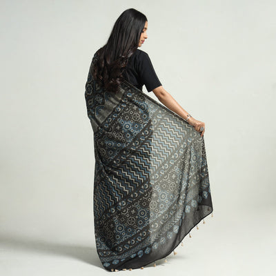 Brown - Block Printed Mul Cotton Ajrakh Saree