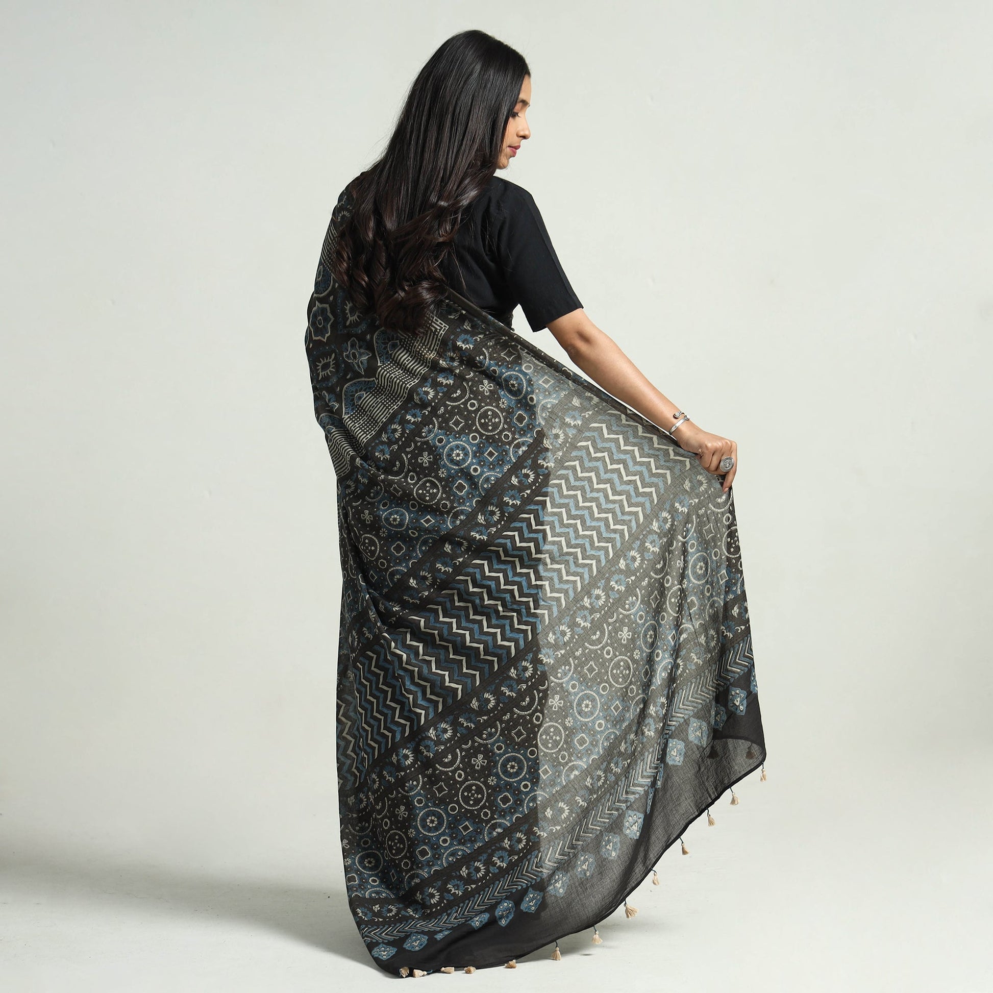 Brown - Block Printed Mul Cotton Ajrakh Saree