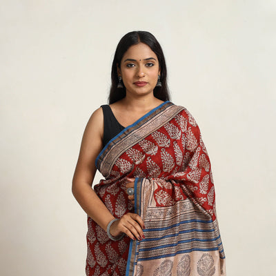Red - Bagru Print Chanderi Silk-Cotton Saree with Zari Border 02