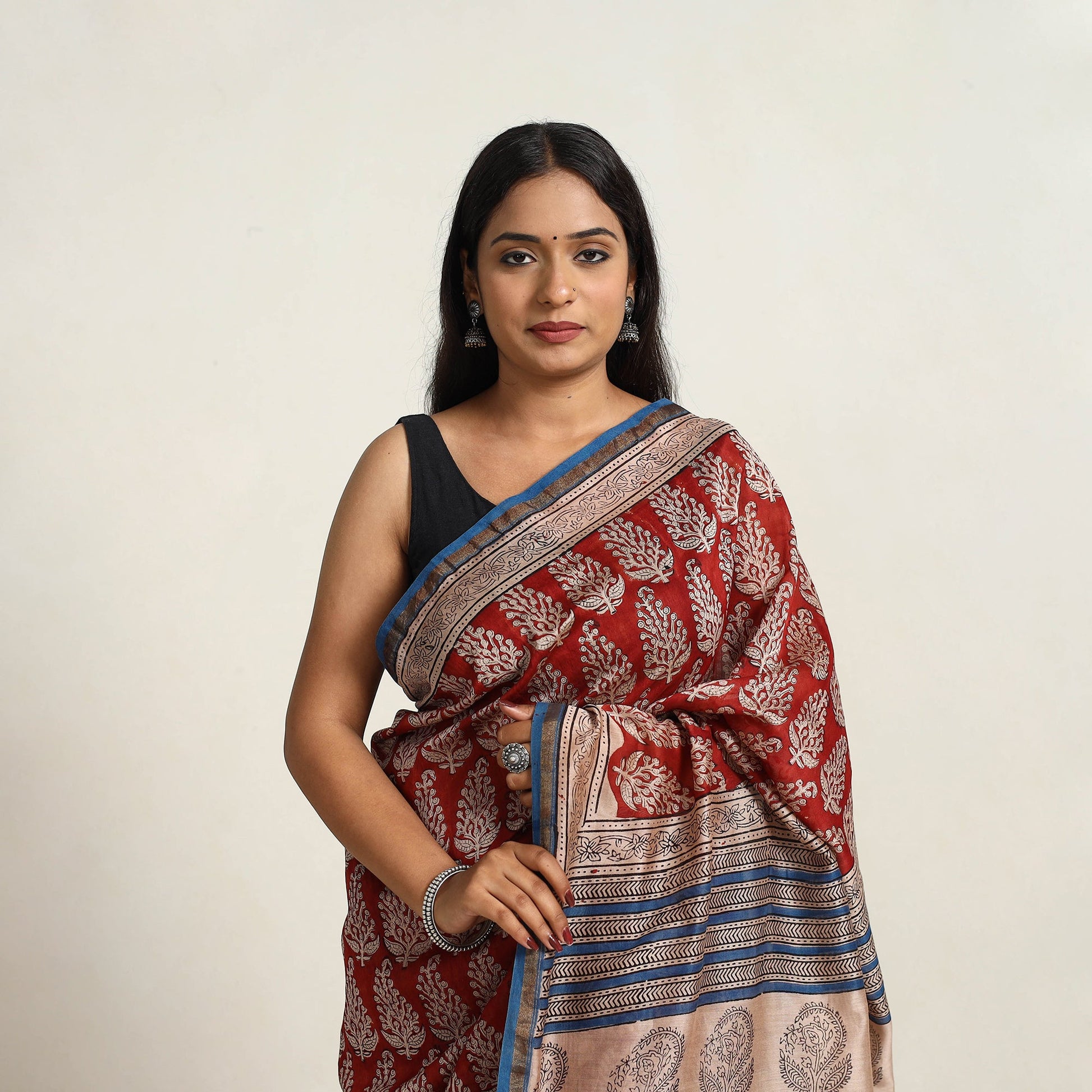 Red - Bagru Print Chanderi Silk-Cotton Saree with Zari Border 02