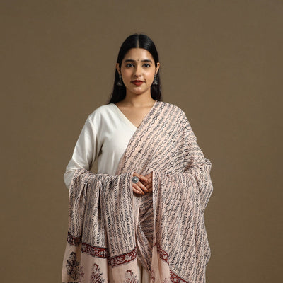 Beige - Block Print Mul Cotton Bagru Dupatta 26