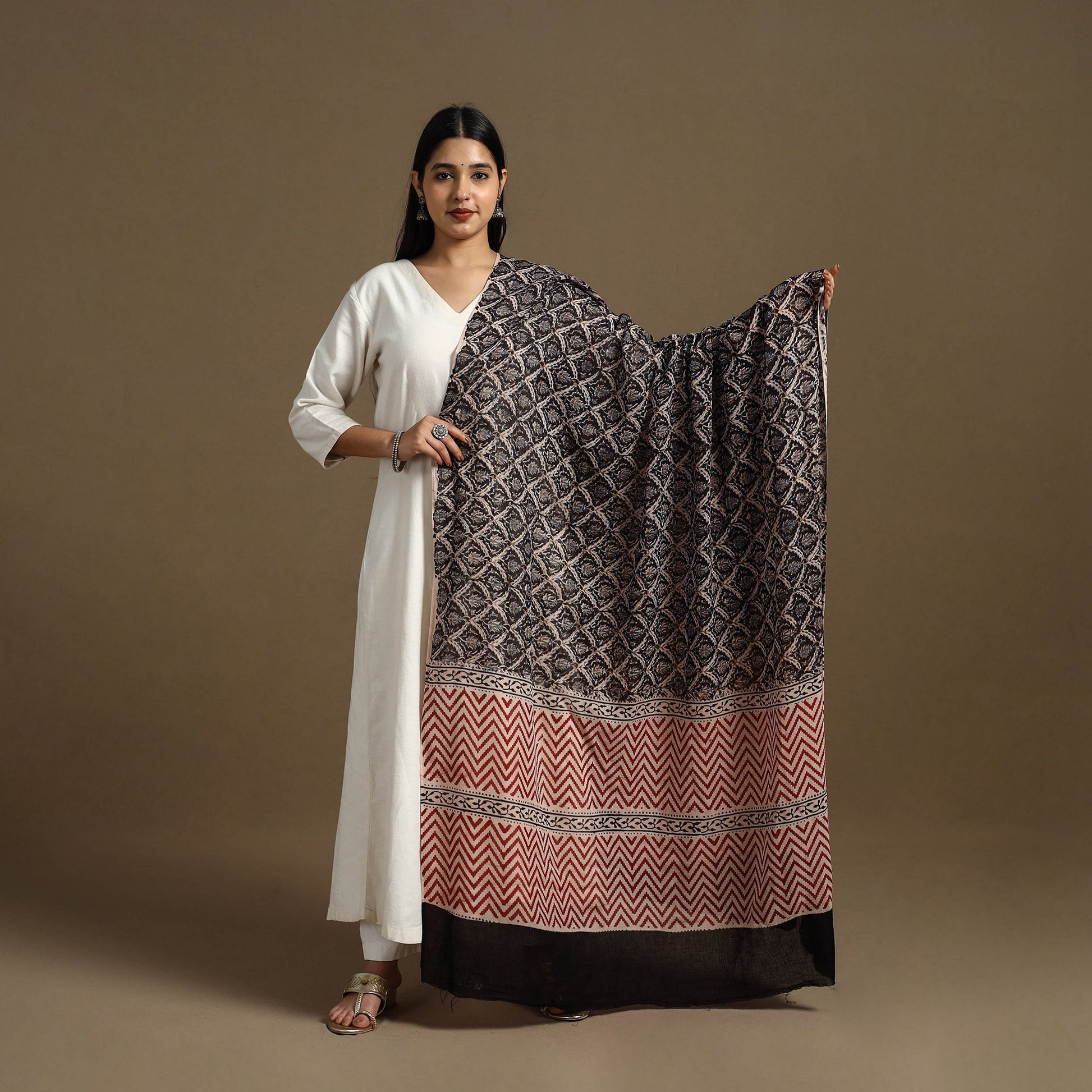 Black - Block Print Mul Cotton Bagru Dupatta 27