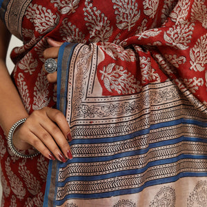 Red - Bagru Print Chanderi Silk-Cotton Saree with Zari Border 02