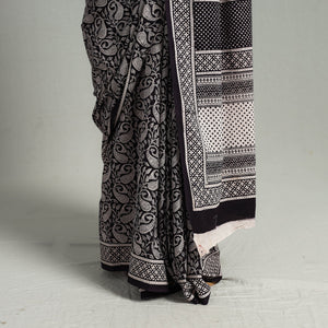 Black - Natural Dyed Bagh Print Cotton Saree with Blouse Piece 28