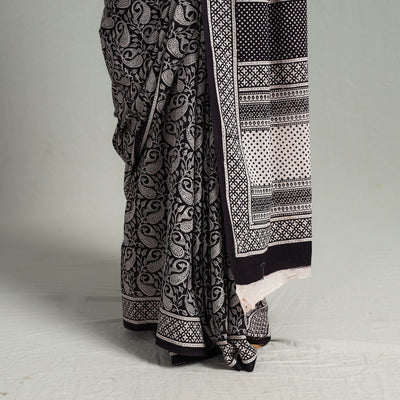 Black - Natural Dyed Bagh Print Cotton Saree with Blouse Piece 28