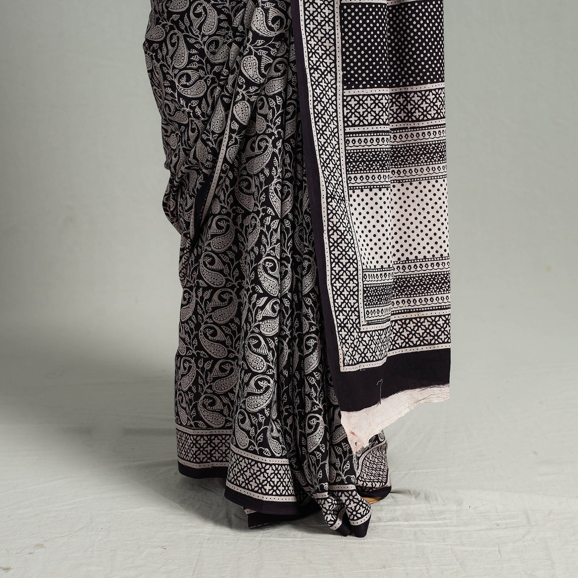 Black - Natural Dyed Bagh Print Cotton Saree with Blouse Piece 28