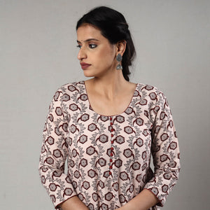 Beige - White & Maroon Block Print Cotton A-Line Bagh Kurta