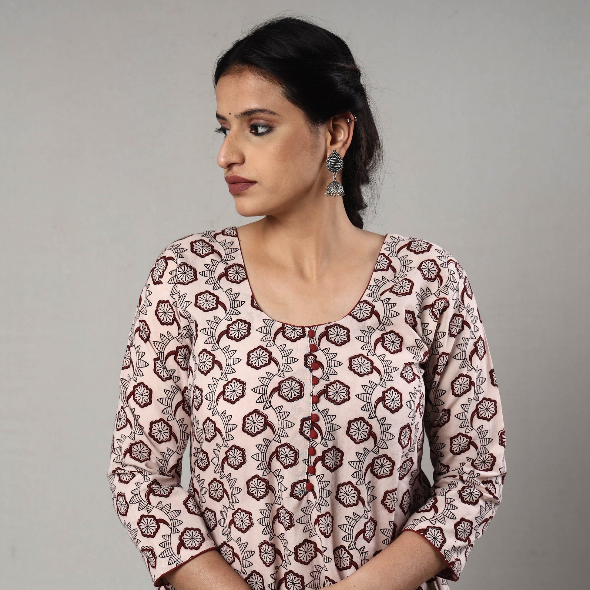 Beige - White & Maroon Block Print Cotton A-Line Bagh Kurta