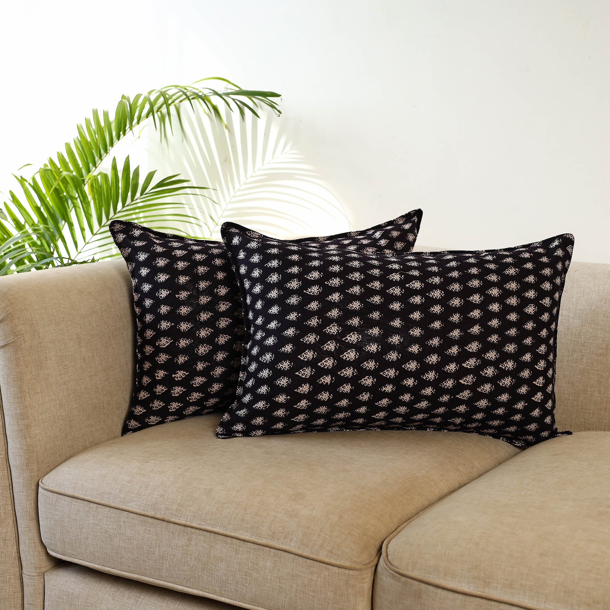 Black - Set of 2 Bagru Block Print Cotton Pillow Covers 14