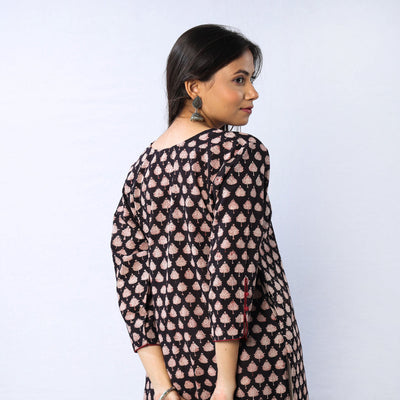 Black & Pinkish Floral Buta Bagru Hand Block Printed Cotton Long Kurta 10