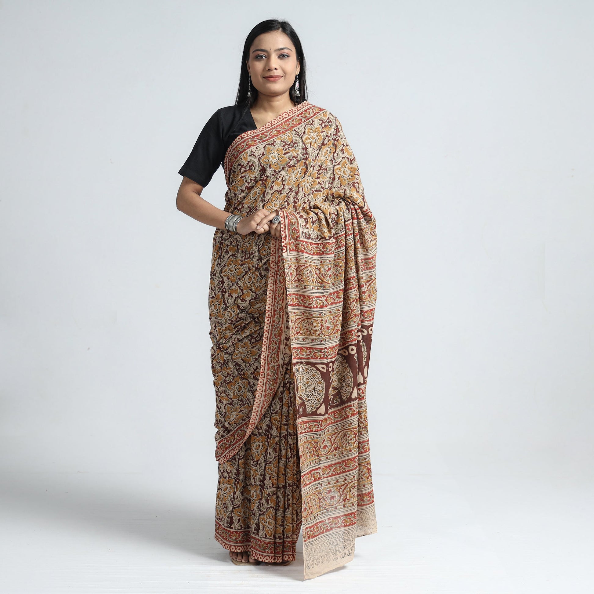 Brown - Pedana Block Print Cotton Kalamkari Saree