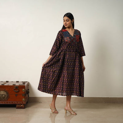 Brown - Mercerized Cotton Flared Pochampally Ikat Dress 03