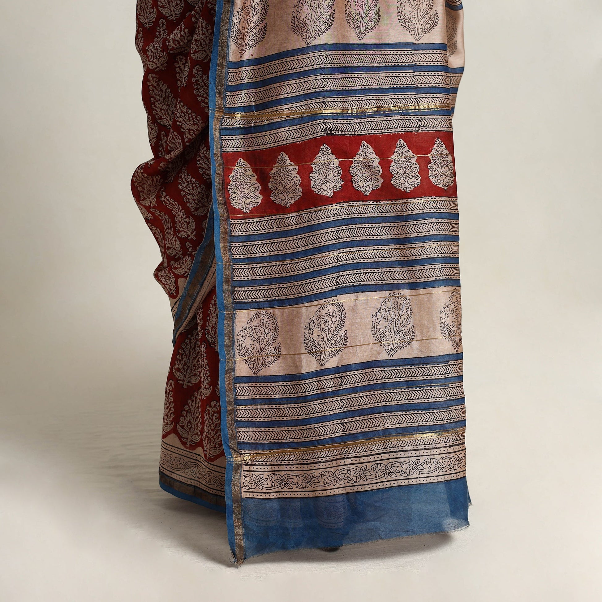 Red - Bagru Print Chanderi Silk-Cotton Saree with Zari Border 02