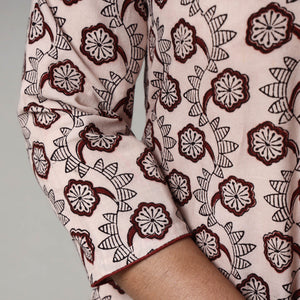 Beige - White & Maroon Block Print Cotton A-Line Bagh Kurta