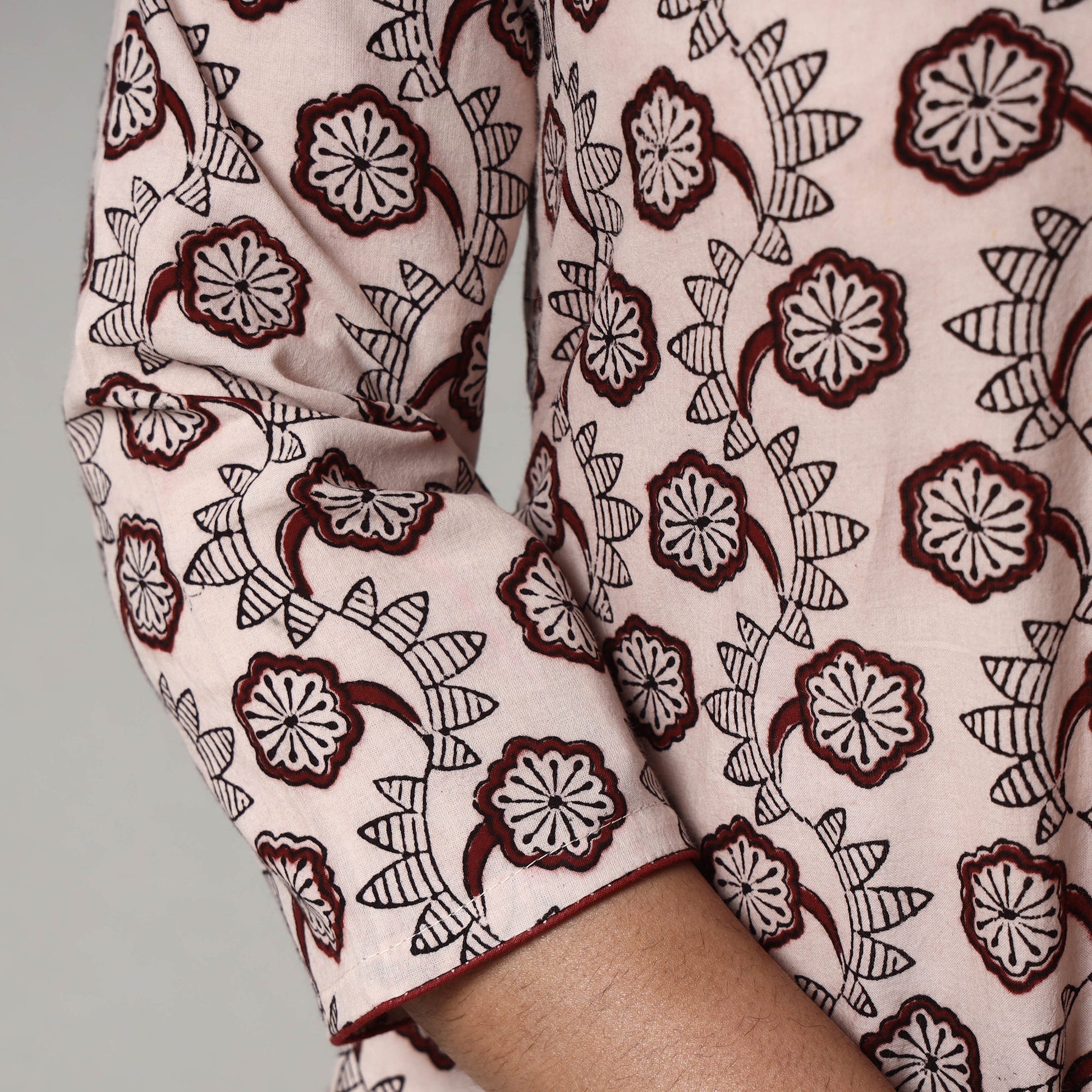Beige - White & Maroon Block Print Cotton A-Line Bagh Kurta
