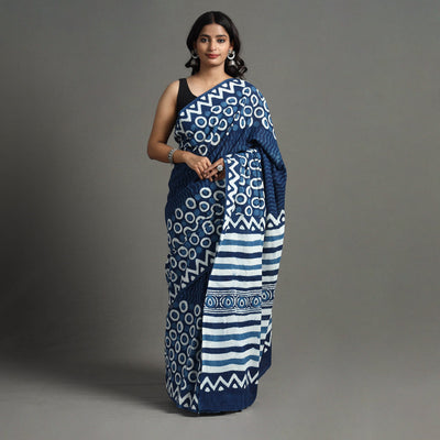 Blue - Bagru Dabu Block Printed Mul Cotton Saree