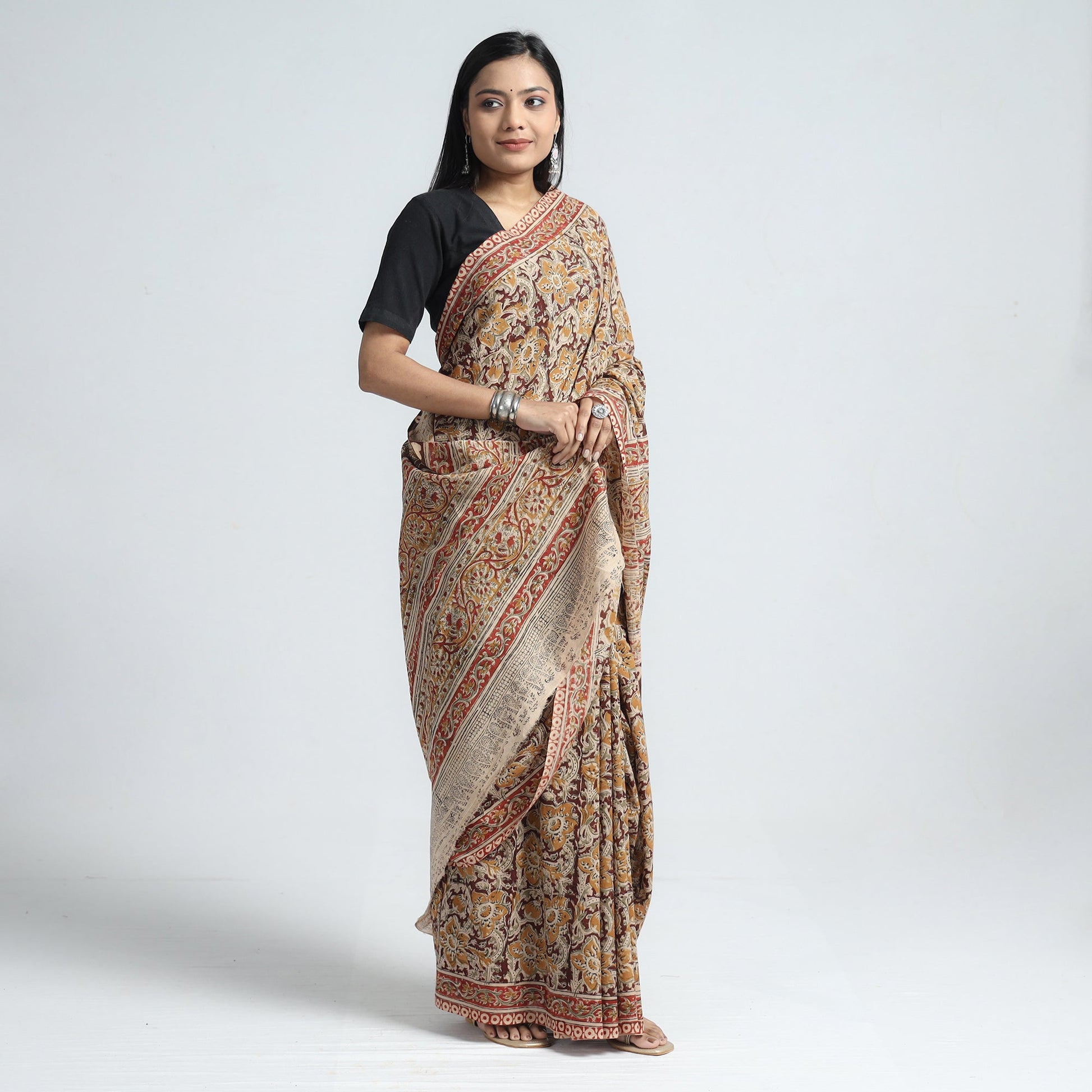Brown - Pedana Block Print Cotton Kalamkari Saree