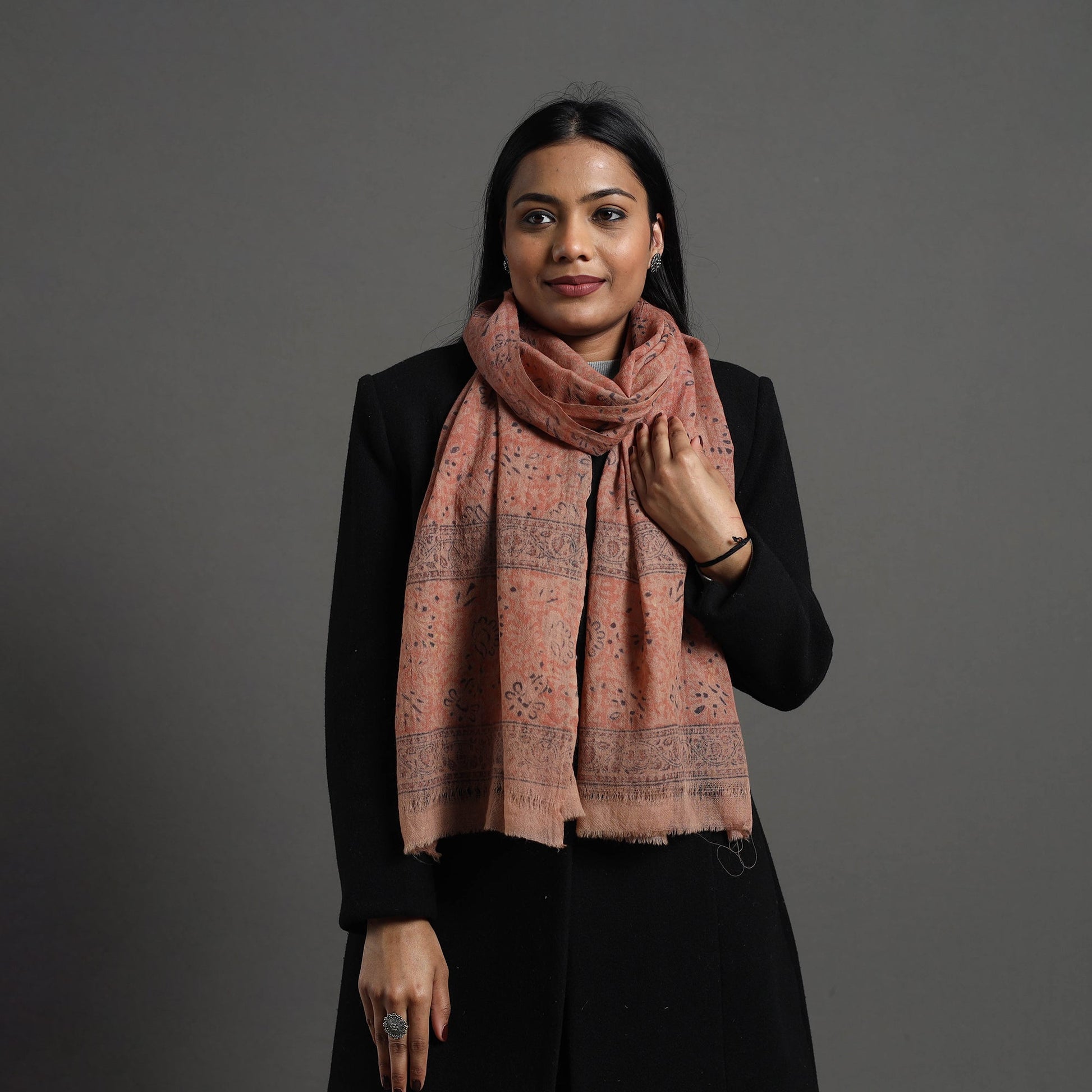 Brown - Block Print Pedana Kalamkari Wool Stole