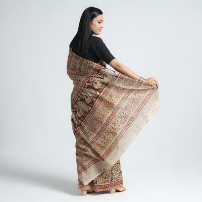 Brown - Pedana Block Print Cotton Kalamkari Saree