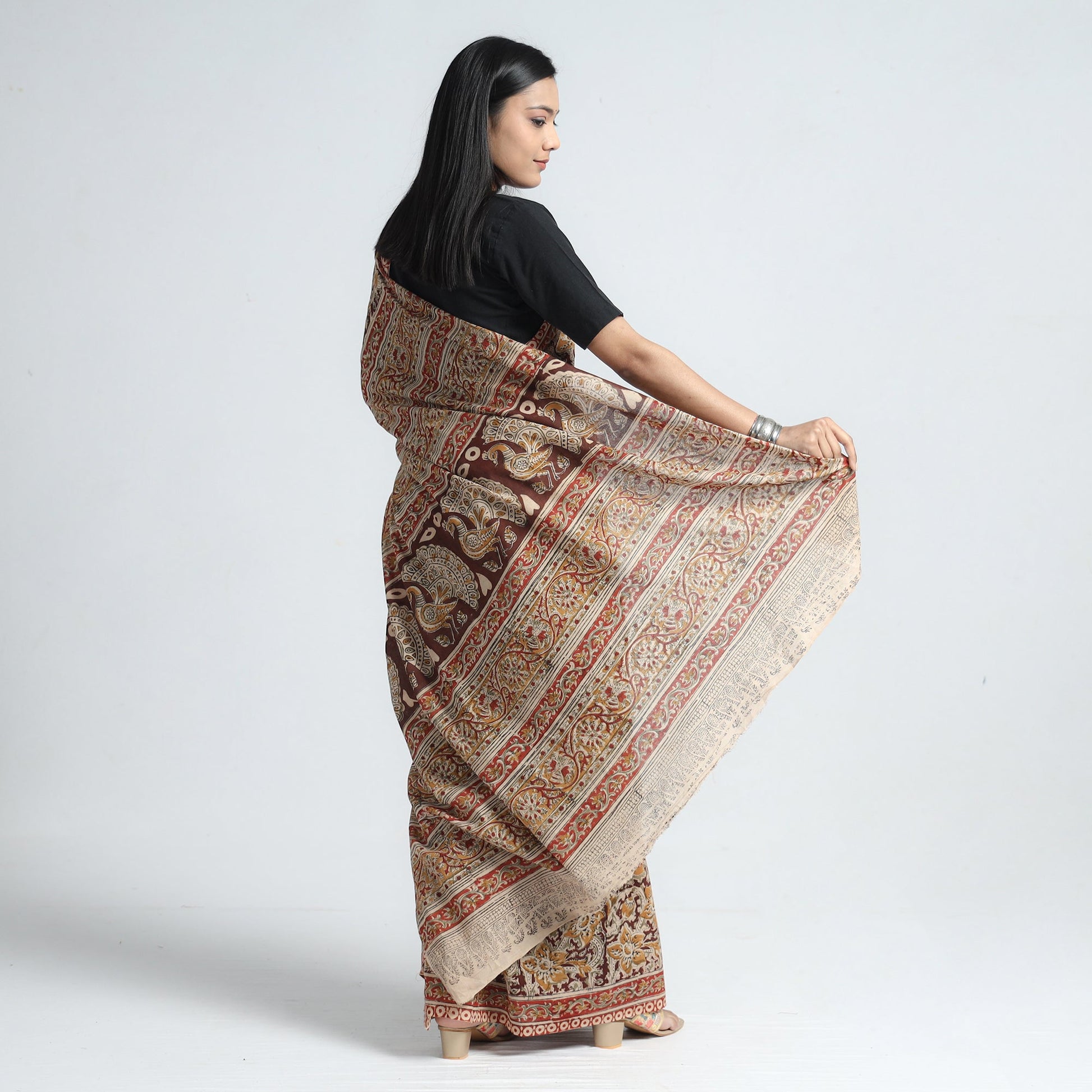 Brown - Pedana Block Print Cotton Kalamkari Saree