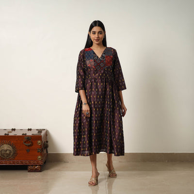 Brown - Mercerized Cotton Flared Pochampally Ikat Dress 03
