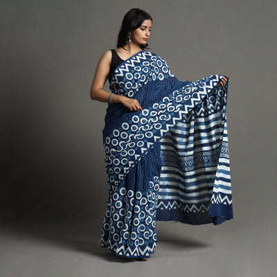 Blue - Bagru Dabu Block Printed Mul Cotton Saree