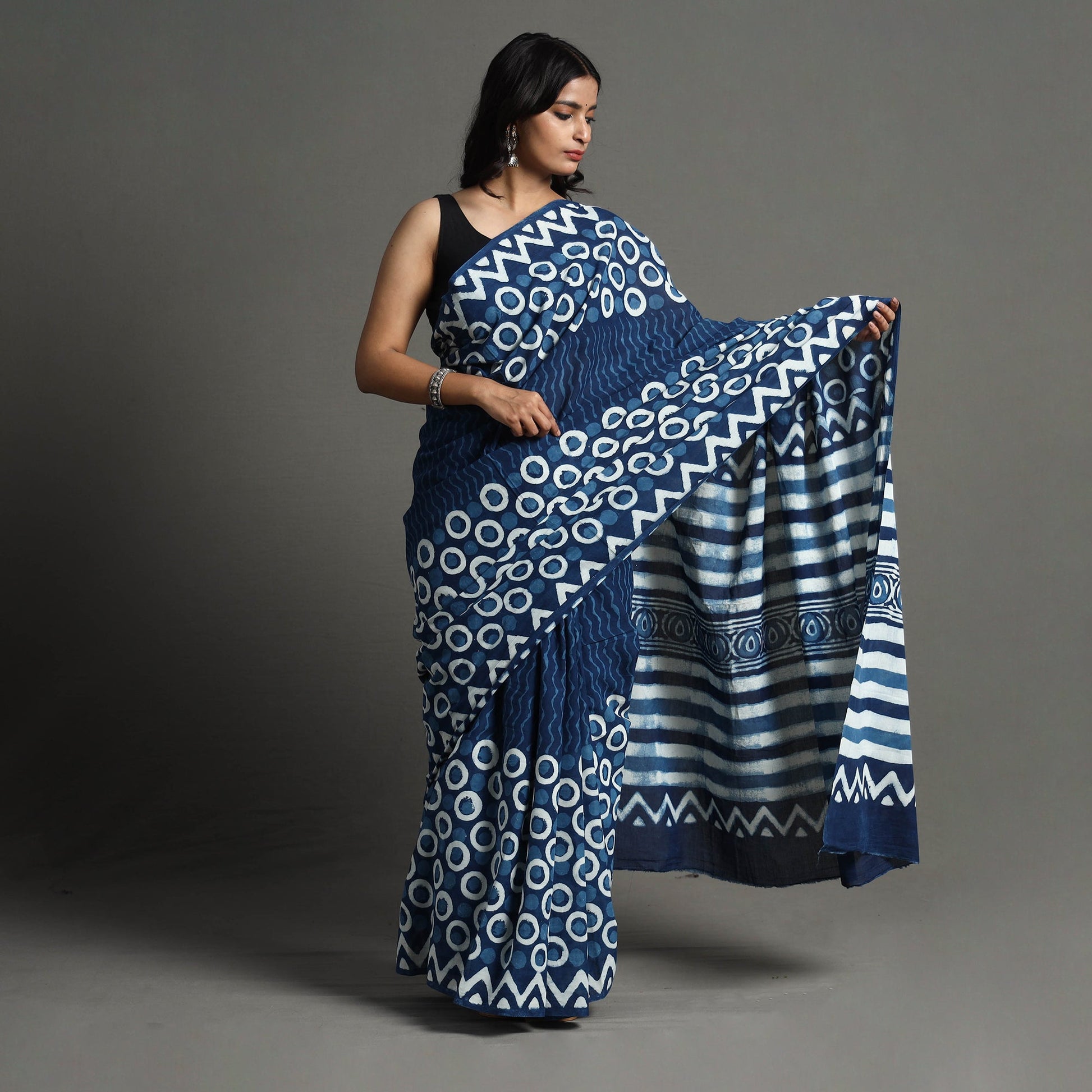 Blue - Bagru Dabu Block Printed Mul Cotton Saree