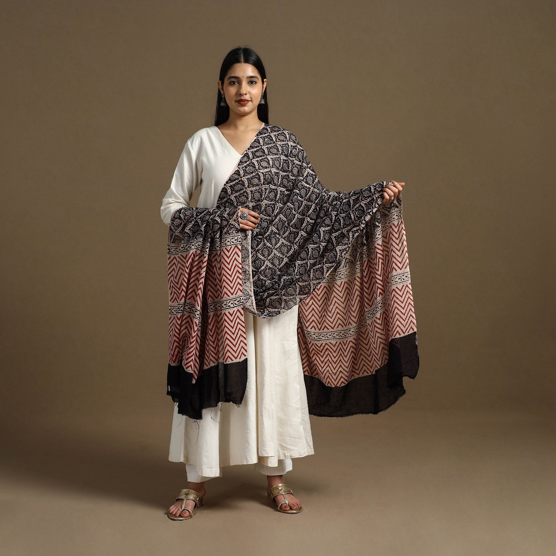 Black - Block Print Mul Cotton Bagru Dupatta 27