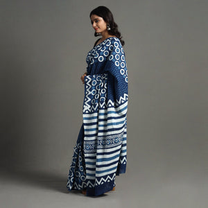 Blue - Bagru Dabu Block Printed Mul Cotton Saree