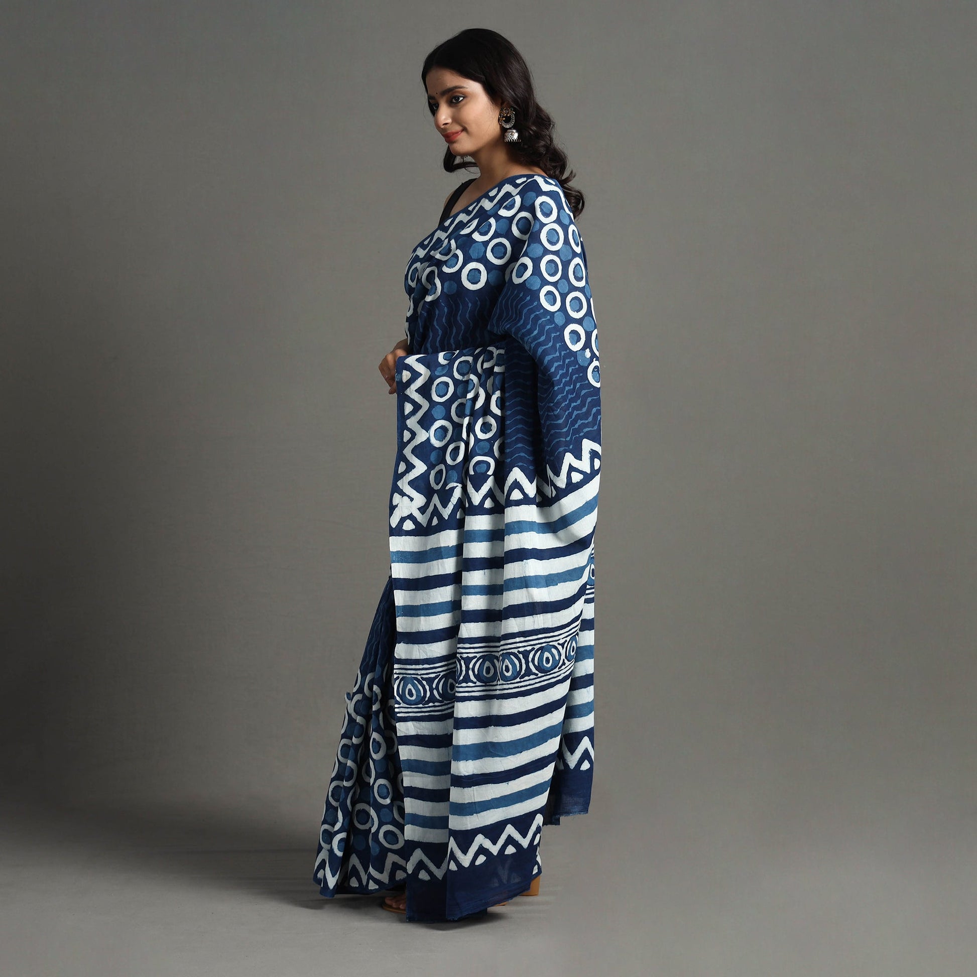Blue - Bagru Dabu Block Printed Mul Cotton Saree