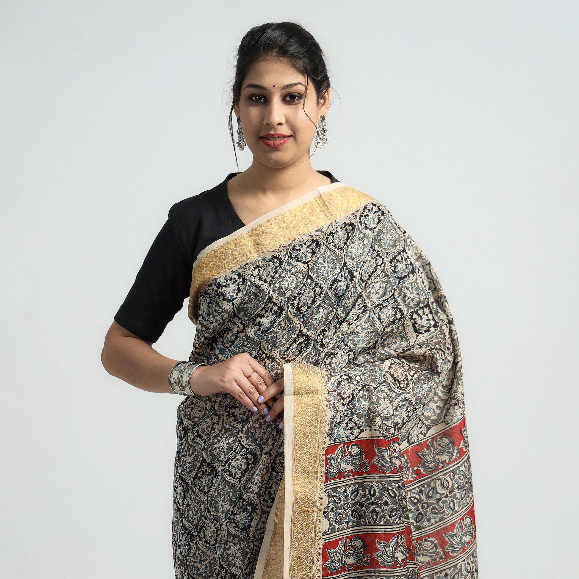 Black - Original Pedana Kalamkari Block Print Silk Saree