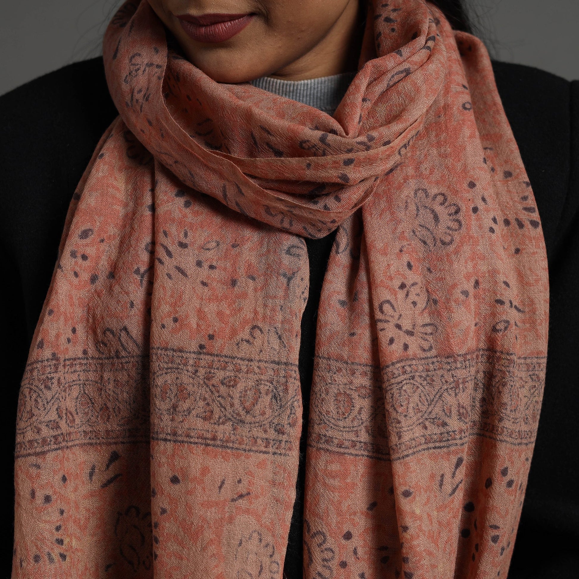 Brown - Block Print Pedana Kalamkari Wool Stole