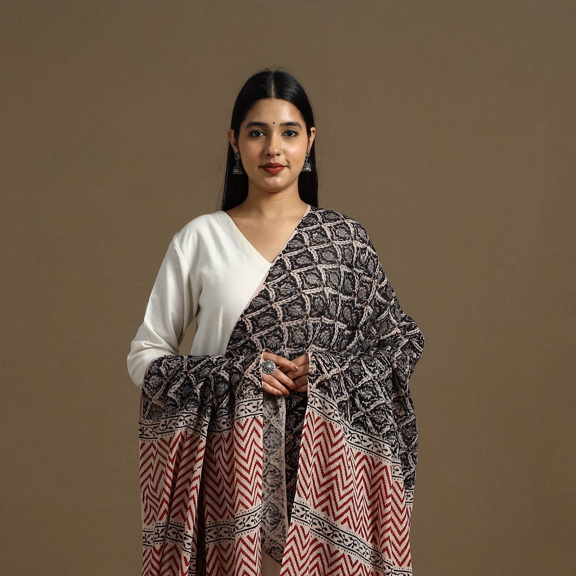 Black - Block Print Mul Cotton Bagru Dupatta 27