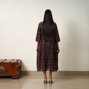 Brown - Mercerized Cotton Flared Pochampally Ikat Dress 03