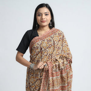 Brown - Pedana Block Print Cotton Kalamkari Saree