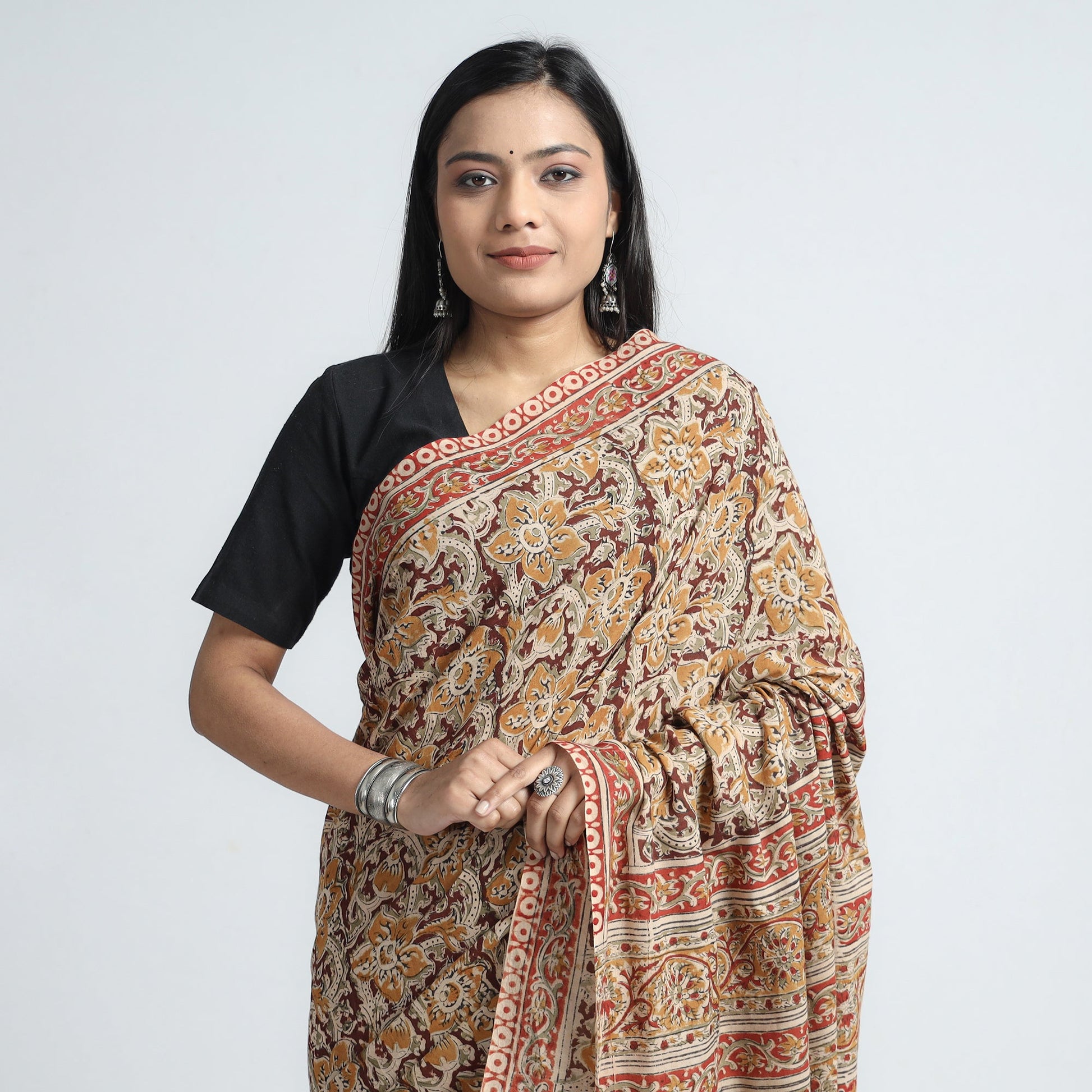 Brown - Pedana Block Print Cotton Kalamkari Saree