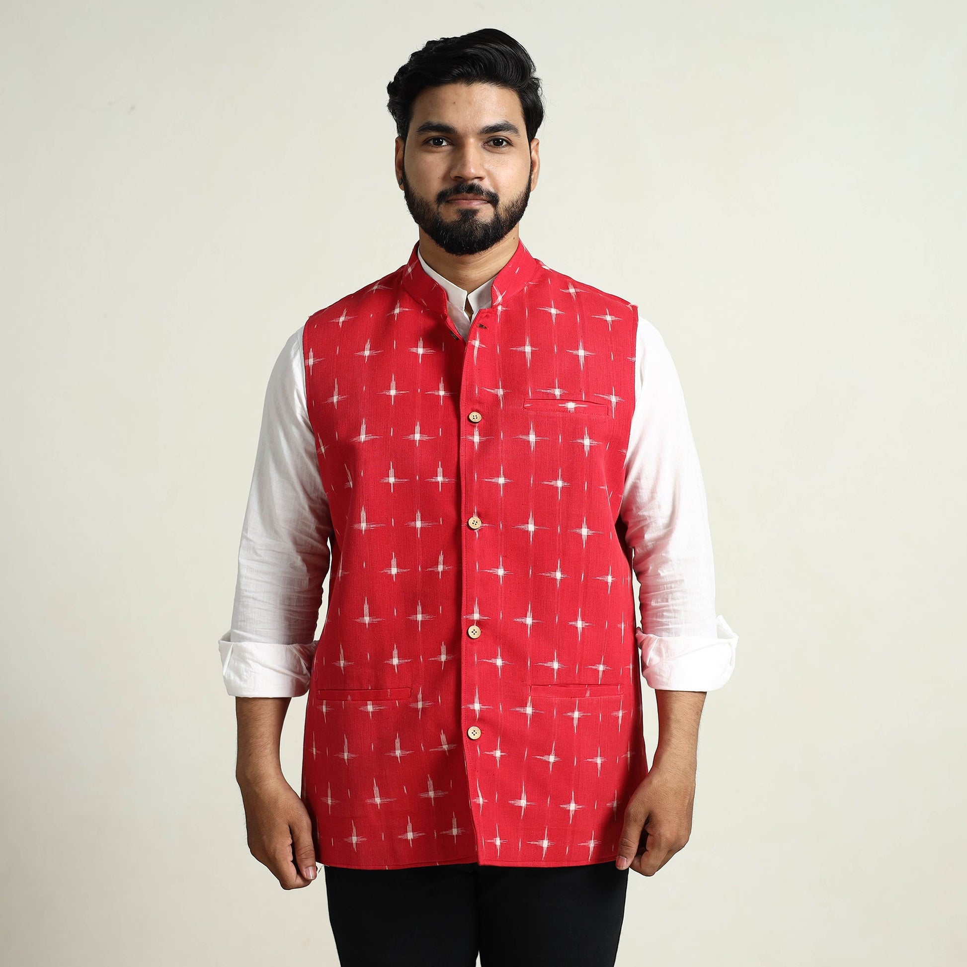 Black - Pochampally Double Ikat Handloom Cotton Men Nehru Jacket 09