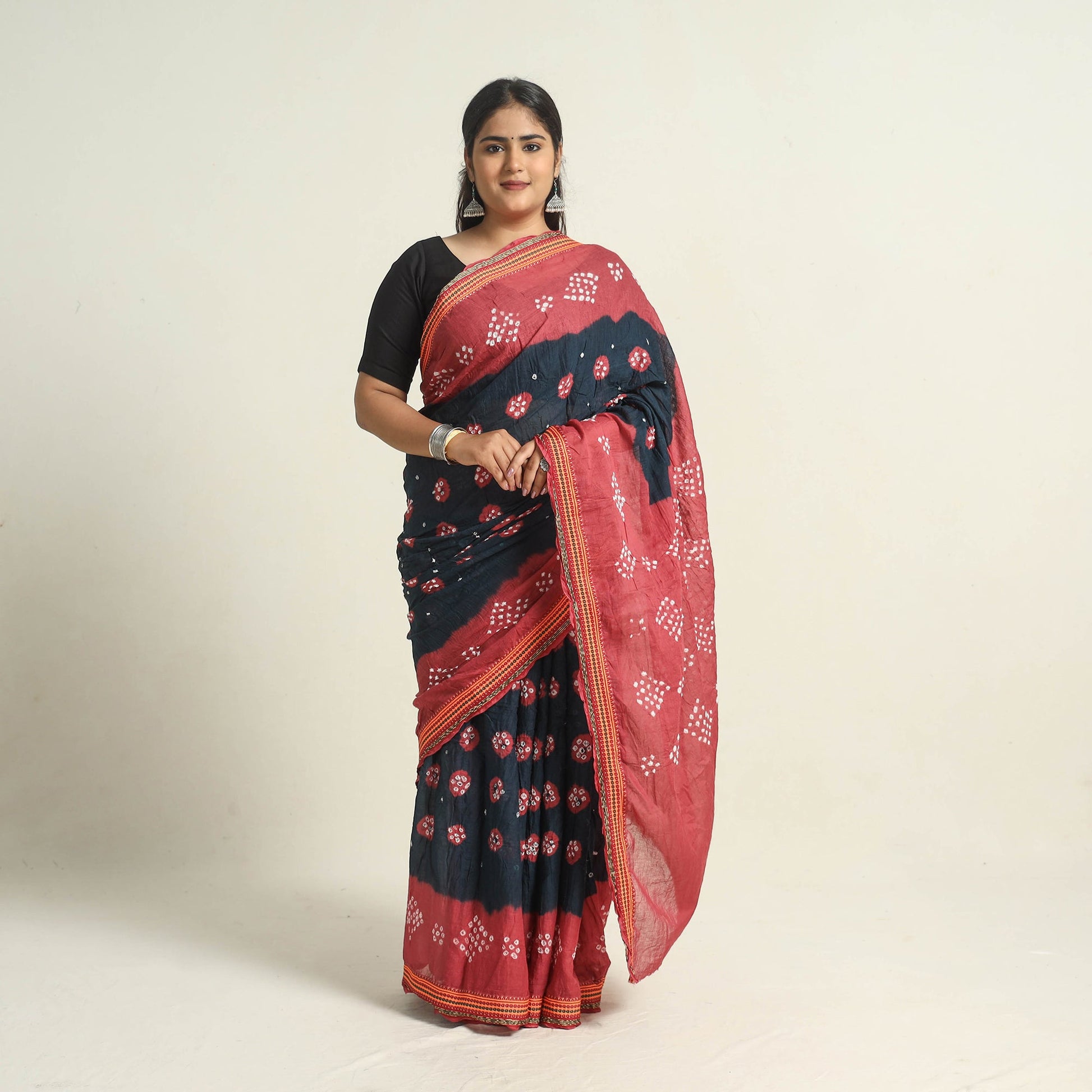 Black - Kutch Tie-Dye Cotton Bandhani Saree with Blouse Piece 46