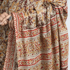 Brown - Pedana Block Print Cotton Kalamkari Saree