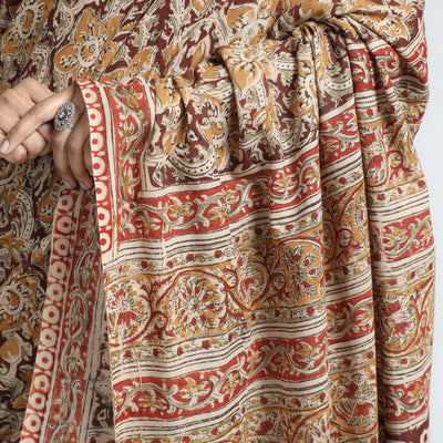 Brown - Pedana Block Print Cotton Kalamkari Saree