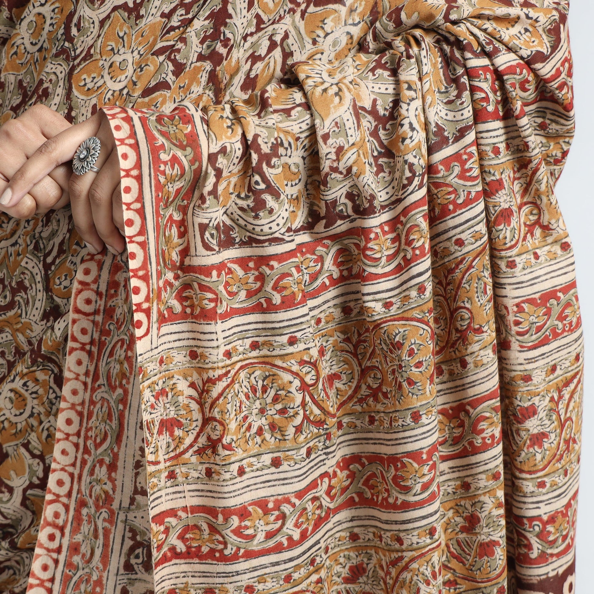 Brown - Pedana Block Print Cotton Kalamkari Saree