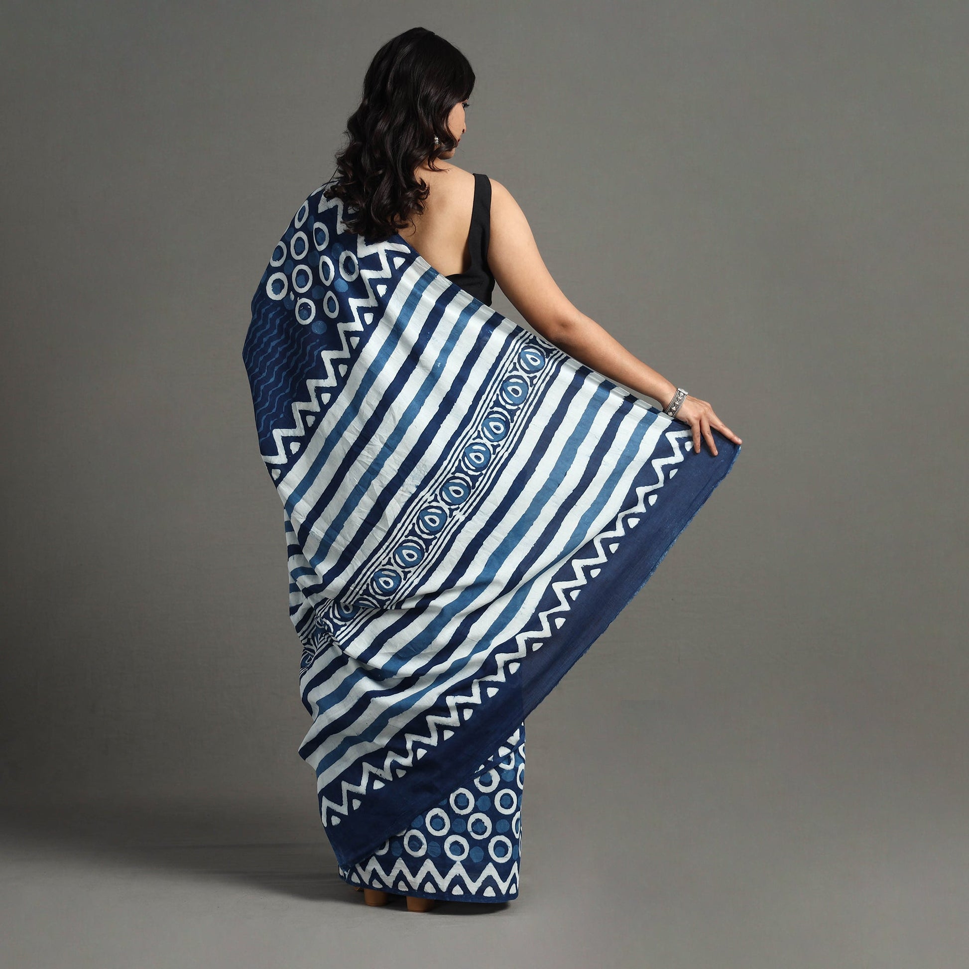 Blue - Bagru Dabu Block Printed Mul Cotton Saree
