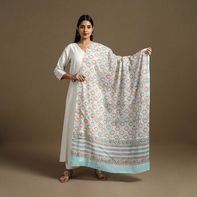 Blue - Block Print Mul Cotton Sanganeri Floral Dupatta 32
