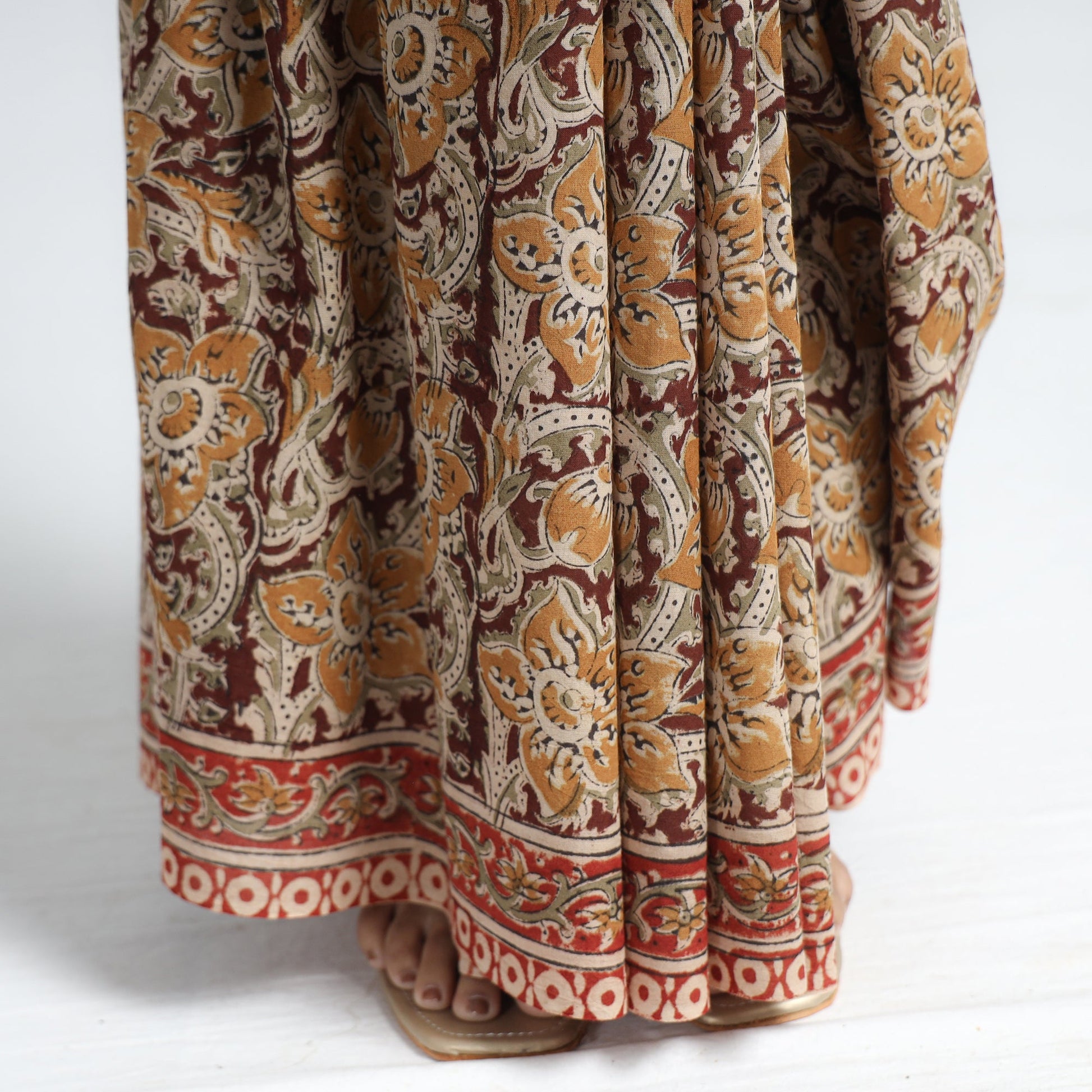 Brown - Pedana Block Print Cotton Kalamkari Saree
