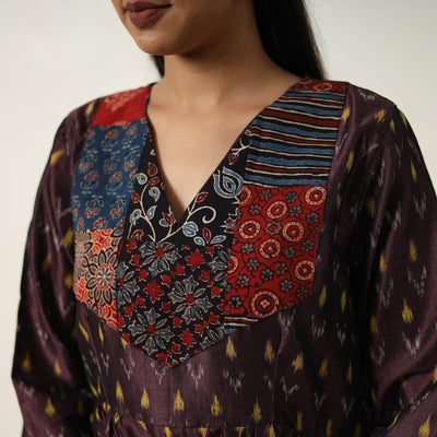 Brown - Mercerized Cotton Flared Pochampally Ikat Dress 03